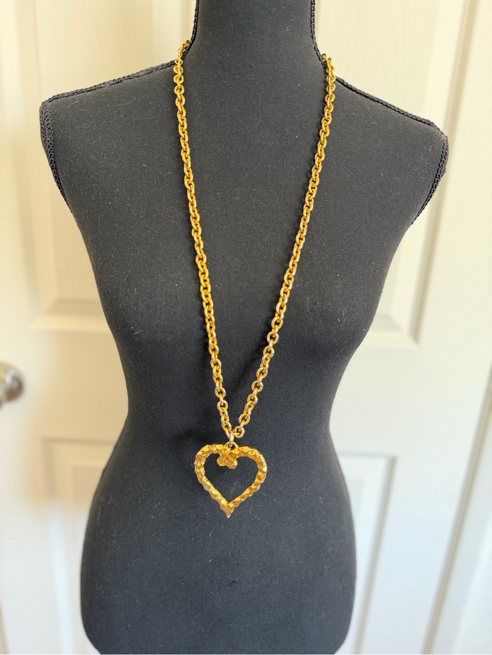 Gold Heart Pendant Long Chain Necklace - Women Jewelry. Textured link chain